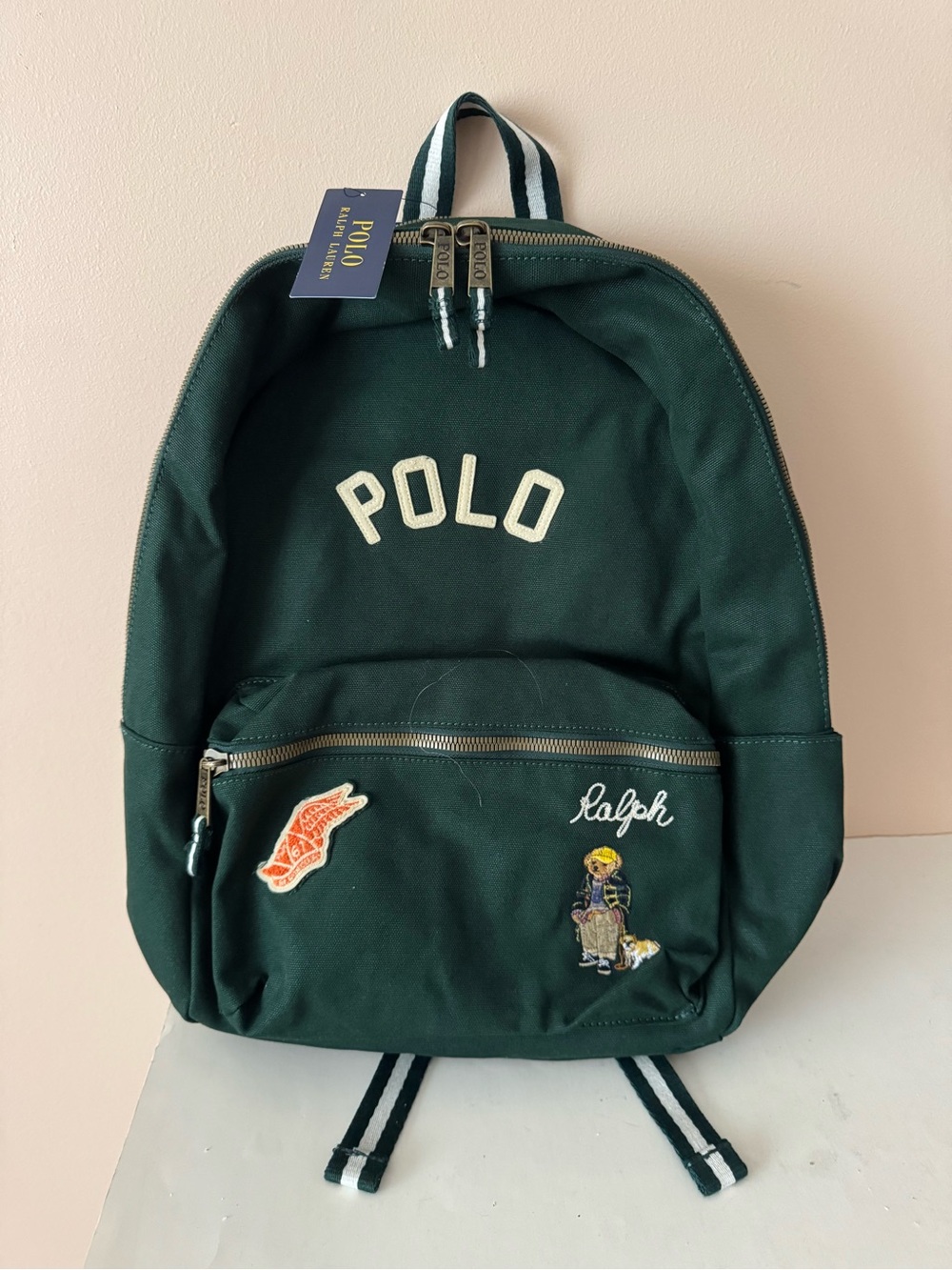 Polo Ralph Lauren Embroidered Bear & Dog Forest Green Backpack. New